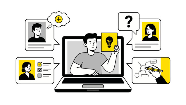 Virtual Idea Development and Online Feedback Concept With Laptop Presenter, Checklist, Question Bubbles and Mind Map Sketch