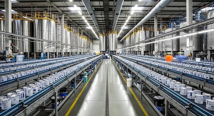 Naklejka premium Industrial factory production line with rows of metal containers on conveyor belts in a large manufacturing facility