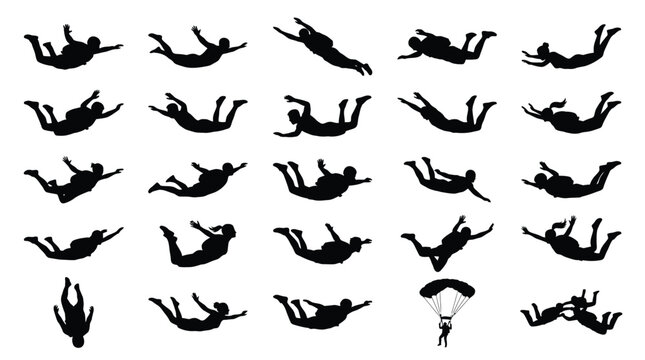 Collection of black vector silhouette illustrations showing various skydivers in free fall and open parachutes