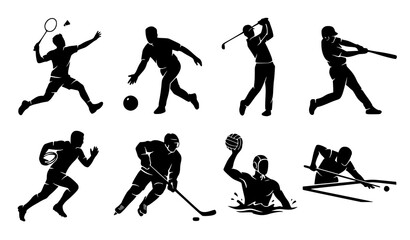Naklejka premium Professional Sports Athlete Silhouette Vector Set with Golf Baseball Rugby Hockey and Water Polo Players
