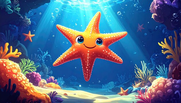 A smiling cartoon starfish underwater scene.