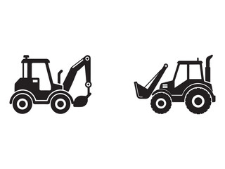 Naklejka premium Two black silhouette construction vehicles with large wheels and buckets for digging and moving earth side by side on white background