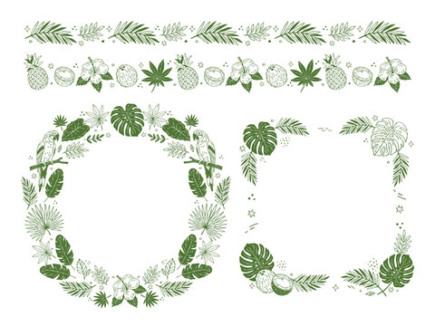 Whimsical hand-drawn tropical doodle vector set with round wreath frame, borders and corner elements featuring parrot, monstera, palm leaves, hibiscus, coconut and pineapple for invitations