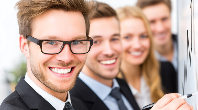 Confident business team standing in a row during an office meeting presentation with business