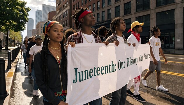 Juneteenth Celebration: Diverse Young People March with Banner in Urban Street