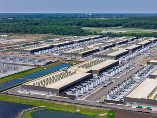 Aerial view of the construction of data center complex, large AI center structure surrounded by cooling and power systems © marchello74