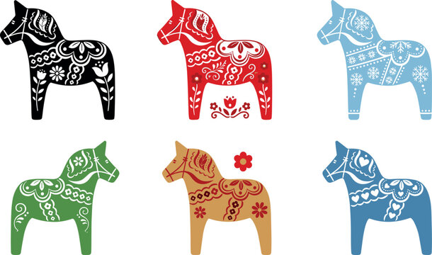 Scandinavian Dala Horse Folk Art Collection with Floral Nordic Patterns and Traditional Swedish Decorative Vector Illustration Designs