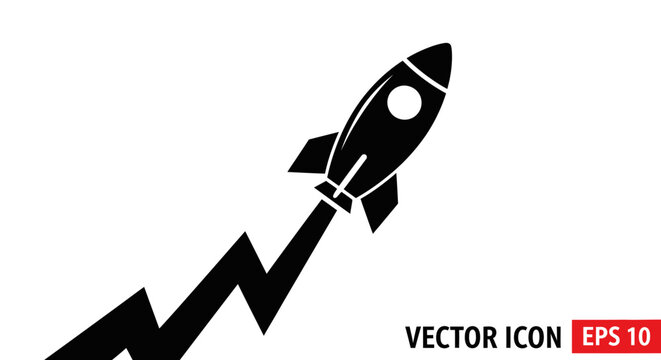 Black rocket ship icon ascending with a jagged line trail on white background