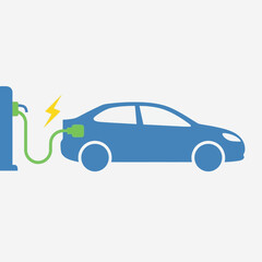 Naklejka premium Blue electric car charging at a station with lightning bolt symbol