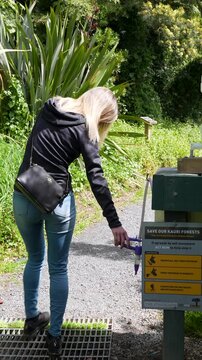 Woman disinfects hiking shoes at a kauri forest biosecurity station in New Zealand, vertical shot