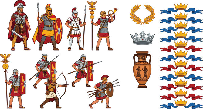 Ancient Roman army soldiers vector set with gladiators warriors crowns and laurel wreath isolated elements