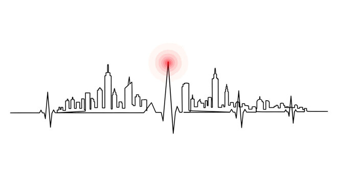 City Skyline Heartbeat EKG Line Art, Urban Life Pulse, Modern Cityscape Concept