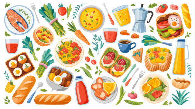 A detailed illustration of various breakfast foods, including bread, fruits, coffee, and pastries, arranged on a table with utensils and beverages.