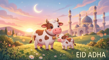 Fototapeta premium Cute cartoon cows stand in a grassy field with a mosque in the background