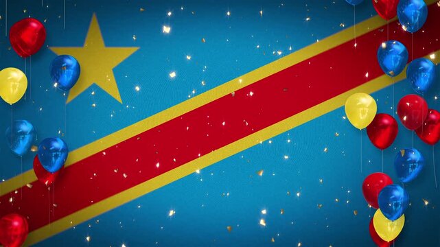 Loop, 4K video. Congolese flag. Celebration, event, sports, soccer, football. Background, player introductions. Confetti, blue, red, and yellow balloons. Copy space. Democratic Republic of Congo.