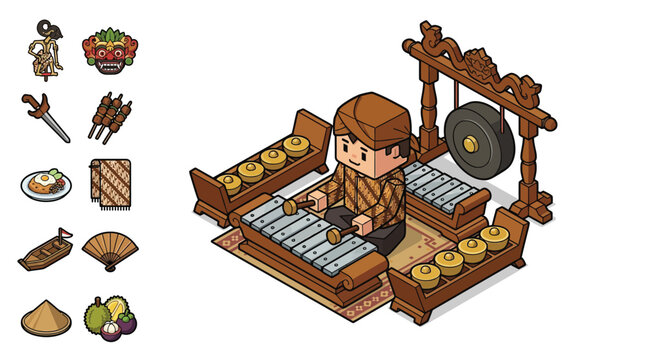 Isometric voxel illustration featuring an Indonesian musician in traditional batik playing a Gamelan set with icons of Wayang Kulit, Barong mask, Keris, satay, and local food.