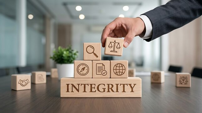 Hand of businessman placing scales of justice wooden block on top of integrity stack symbolizing regulatory compliance and company ethics