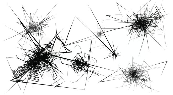 Abstract shattered glass vector elements, broken window cracks and sharp shards, black splintered glass fragments on white background