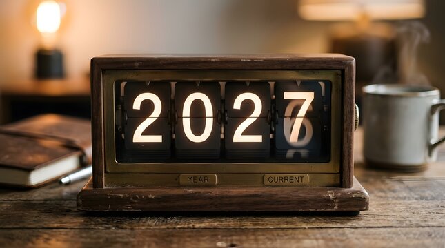 Vintage Retro Flip Clock Displaying Year 2027 on a Wooden Desk Close Up Photo