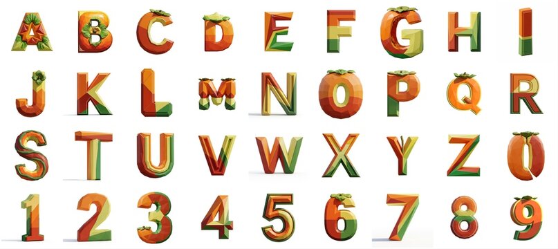 Complete English Alphabet and Numbers Rendered in a Fruit Style