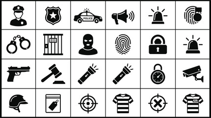 Police Security and Crime Prevention Icon Set Featuring Law Enforcement and Surveillance Vector Symbols © MdSumon