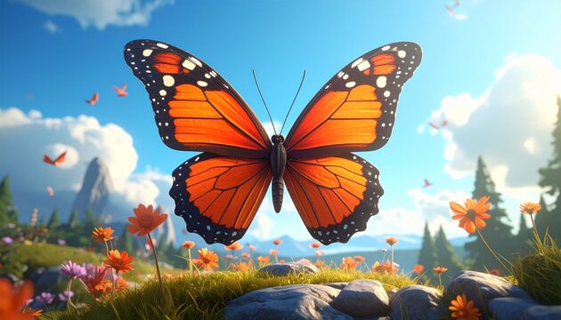 Vibrant monarch butterfly in a field.