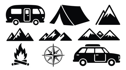 Camping and outdoor adventure icon set with camper van tent mountains campfire and compass. © Somiran