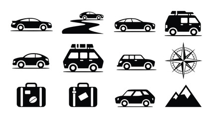 Set of travel themed black silhouettes with cars and camping gear for vacation planning. © Somiran
