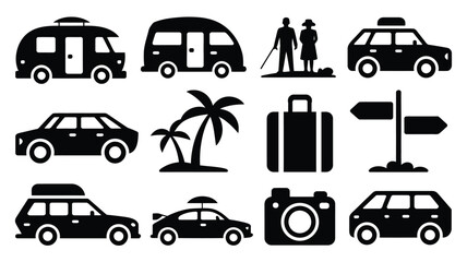 Summer vacation icons set with camper vans traveling cars luggage people and cameras set. © Somiran