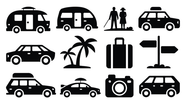 Summer vacation icons set with camper vans traveling cars luggage people and cameras set.