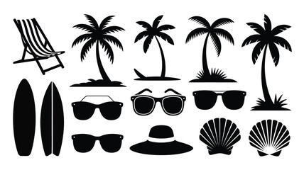 Set of black silhouettes of summer beach and vacation items illustration design element. © Somiran