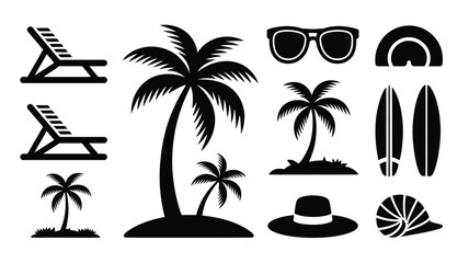 Obraz premium Set of black silhouettes of summer beach and vacation icons illustration graphic design.