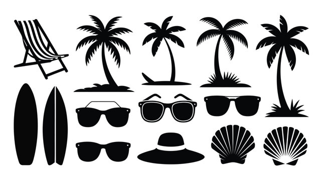 Set of black silhouettes of summer beach and vacation items illustration design element.
