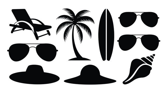 Set of black silhouettes of summer beach and vacation items vector illustration design.