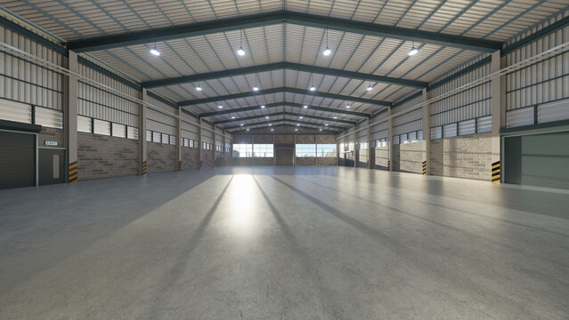 3d rendering of empty industrial warehouse featuring high ceiling, clean concrete floor. Spacious interior ideal for logistics, storage, distribution, manufacturing. Ample copy space for background.