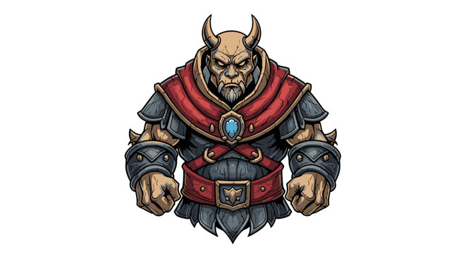 Fierce horned orc warrior mascot in armored vest.