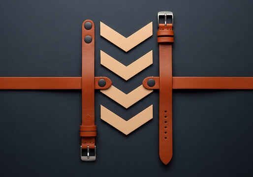 Brown leather watch straps and beige chevron shapes on dark grey background