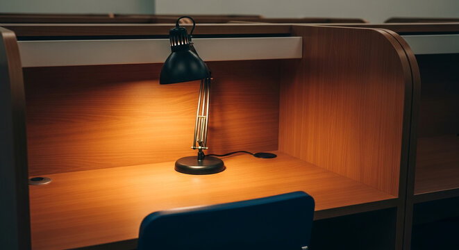 Desk lamp illuminating empty modern study cubicle in a quiet library environment