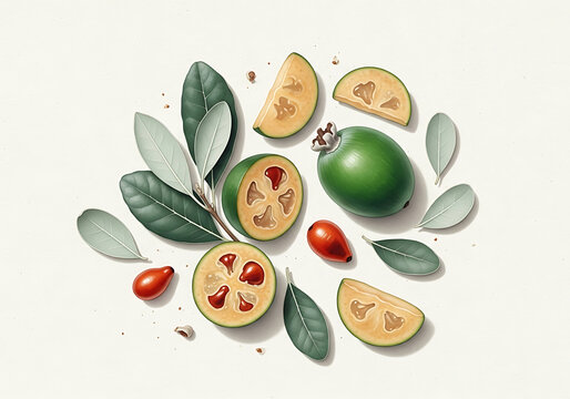 Feijoa fruit whole and sliced with green leaves and red berries on white background