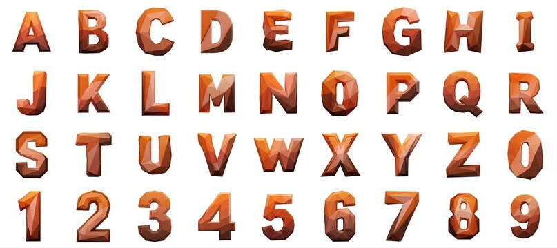 Geometric Low Poly Brown Orange Alphabet Letters and Numbers Set