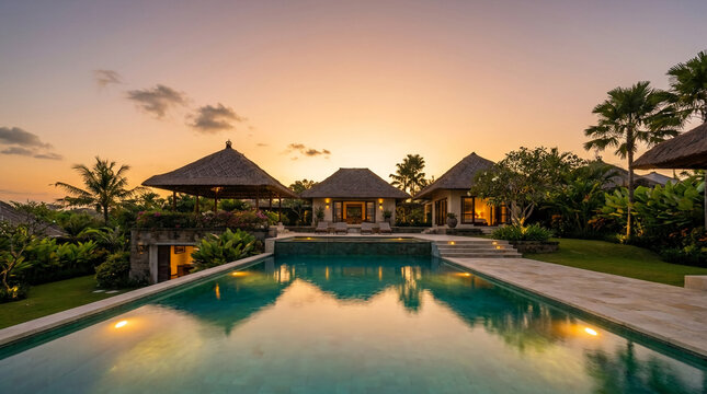 Luxury resort villas with stunning infinity pool reflecting tropical sunset glow