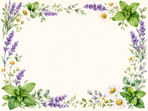 Watercolor floral frame with lavender chamomile flowers and mint leaves