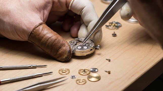 Watchmaker repairing mechanical watch movement using tweezers, luxury horology craftsmanship, detailed restoration process, elegant artisan workshop atmosphere