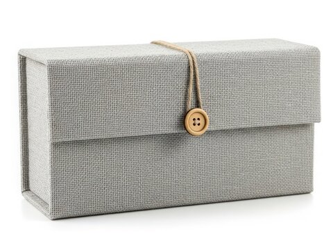 A stylish grey fabric clutch with a gold button detail and drawstring closure