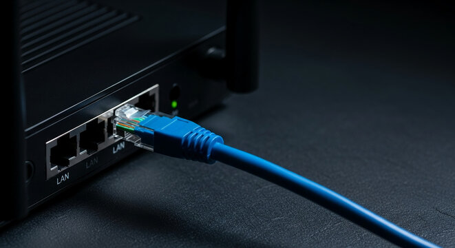 Network router with blue ethernet cable plugged into LAN port for data connection