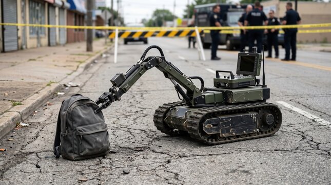 Explosive ordnance disposal robot inspecting backpack on cracked asphalt road with police tape and officers standing behind perimeter in city scene
