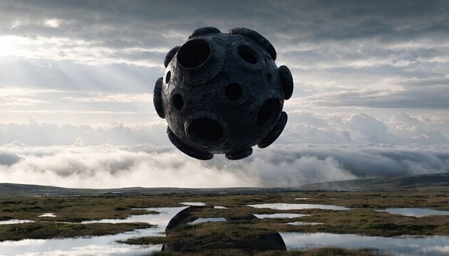 Mysterious alien sphere hovering over desolate landscape with dramatic clouds