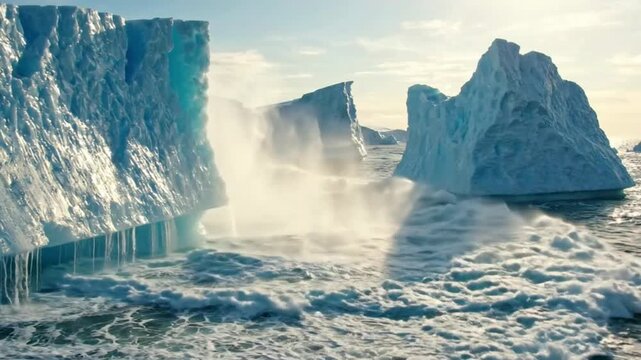 Glacial Iceberg Breaking Apart in Stormy Arctic Ocean Waves