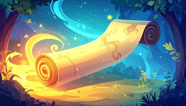 A glowing parchment in a magical forest.