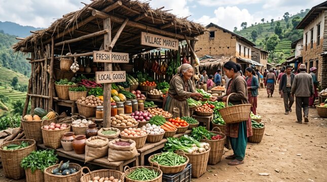 Village market stall selling fresh produce with vendors arranging vegetables along dirt street in mountain hamlet